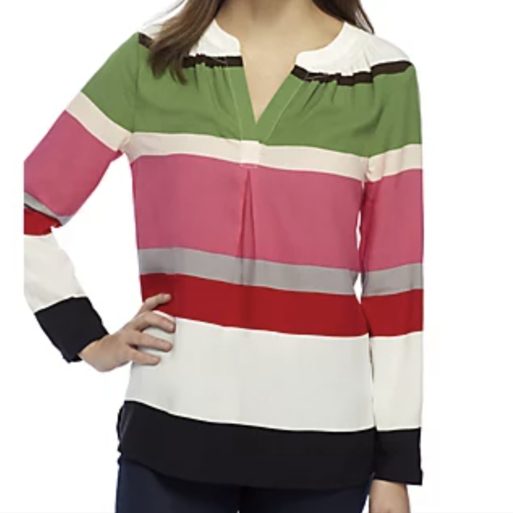Crown & Ivy Striped Peasant Blouse Medium Split Neck
